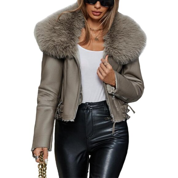 ⚡Women's khaki Faux Leather Jacket Moto Biker Lined Coat Removable Fur Collar - Picture 1 of 6